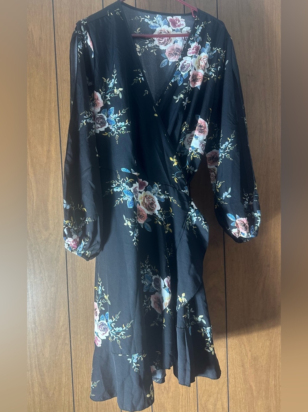Black Floral Wrap Dress with Pink Rose Print
